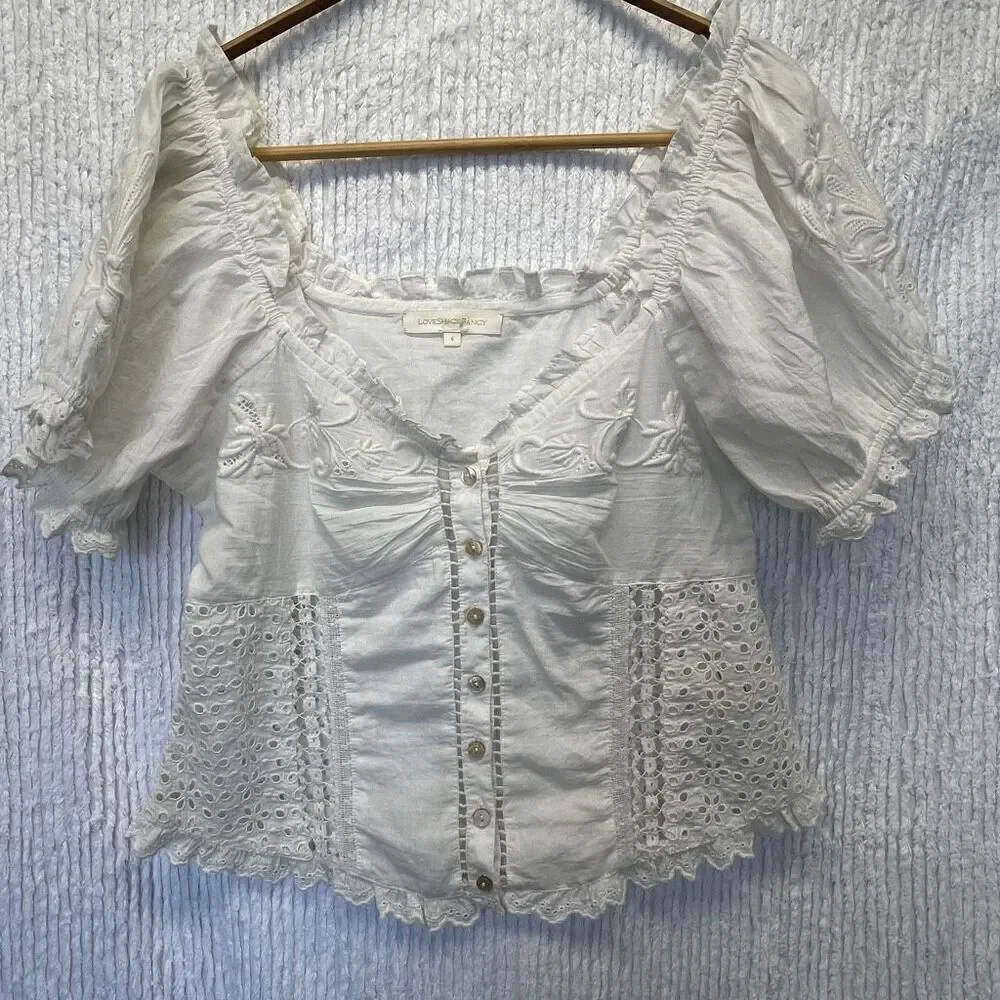 LoveShackFancy White Embroidered Floral Tellaro Victorian Bryant Top Size 6